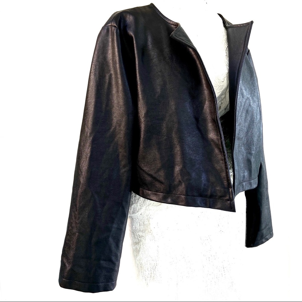 Vintage 90s Cropped Black Leather Jacket PU Open Front Women’s Size Large